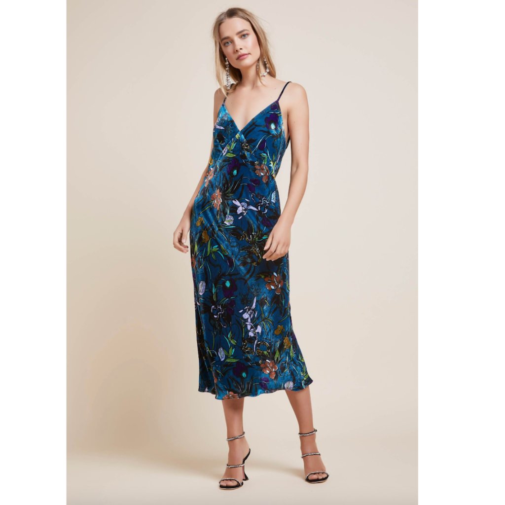 Olivia Von Halle Blue Floral Slip Midi Dress